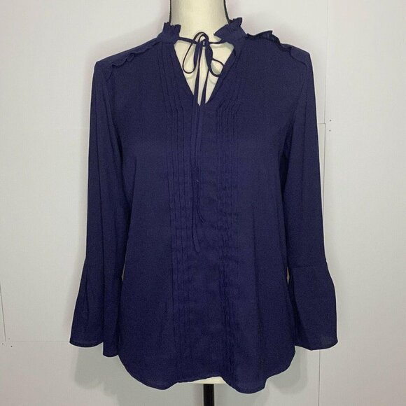 Ann Taylor Tops - Ann Taylor Petite XXSP Tie Neck Blouse Long Sleeve Navy Bell Sleeve
